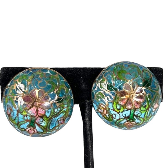Vtg Floral Cloisonné Screw-Back Dome Earrings Floral Translucent Enamel Art - Picture 1 of 11